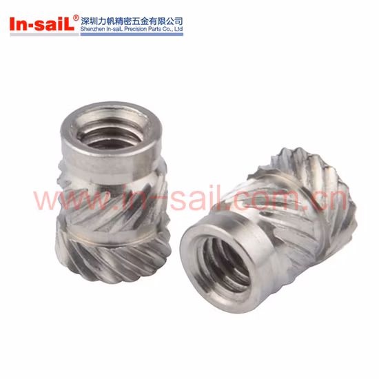 Inserts en laiton moletés hélicoïdaux à angle opposé pour thermoplastique